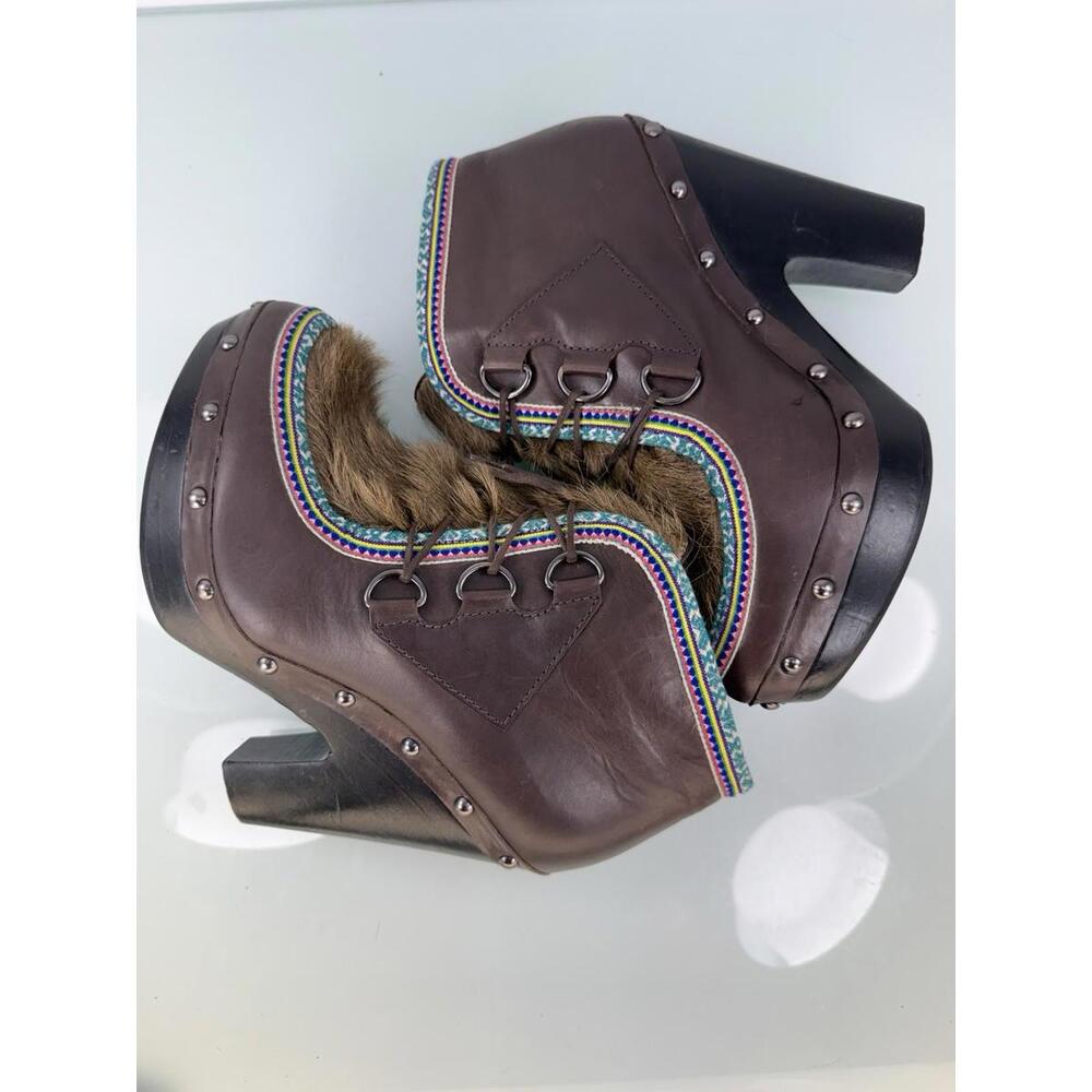 Sigerson Morrison Eskimo Brown Leather Fur Platform Heels Size 7 Boho Luxe Indie - Picture 7 of 9